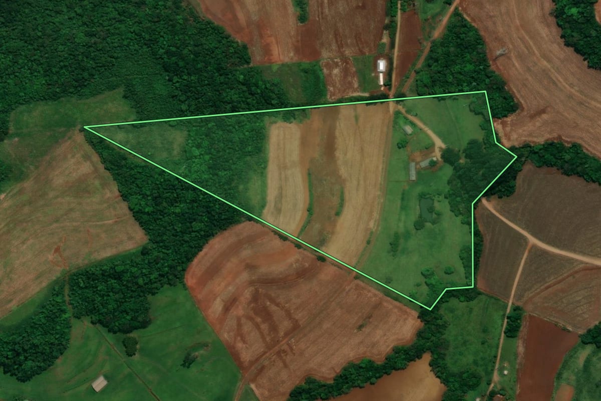Imagem de satélite do imóvel rural em Capanema (PR), com o contorno declarado no CAR desenhado por cima.