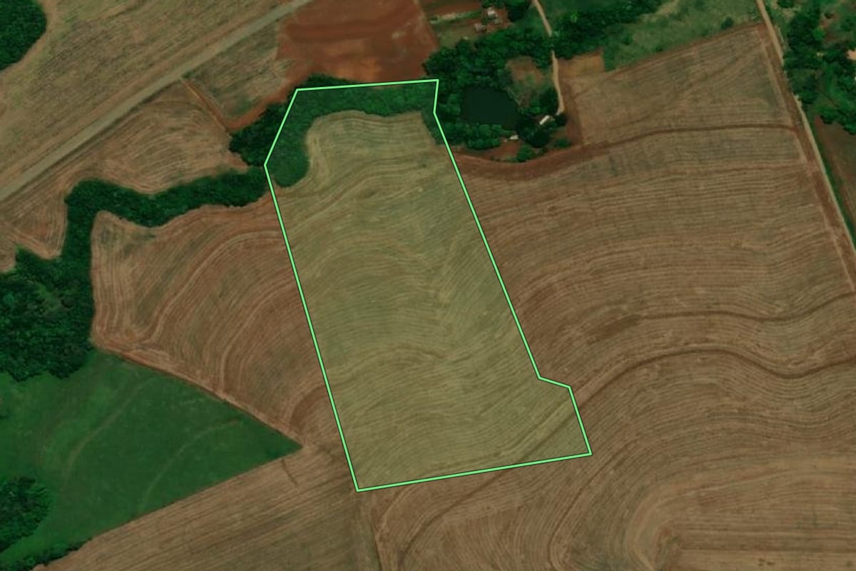 Imagem de satélite do imóvel rural em Capanema (PR), com o contorno declarado no CAR desenhado por cima.