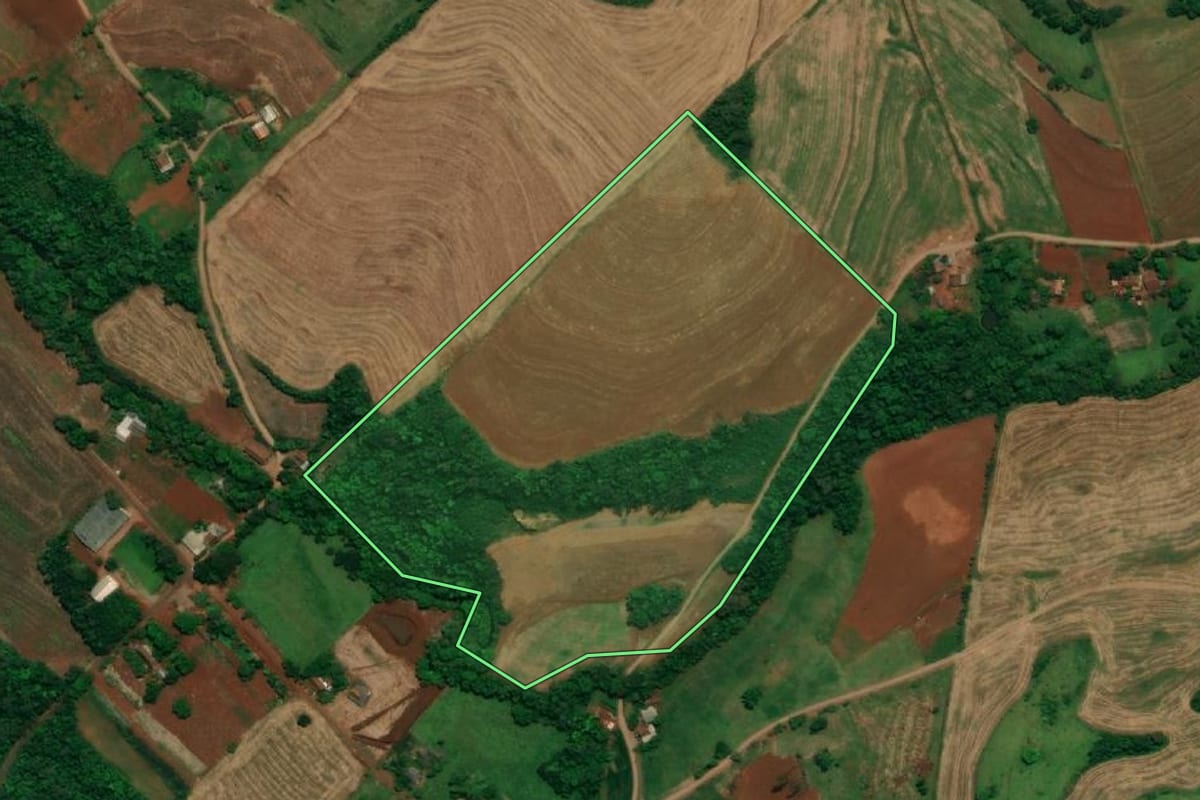 Imagem de satélite do imóvel rural em Capanema (PR), com o contorno declarado no CAR desenhado por cima.