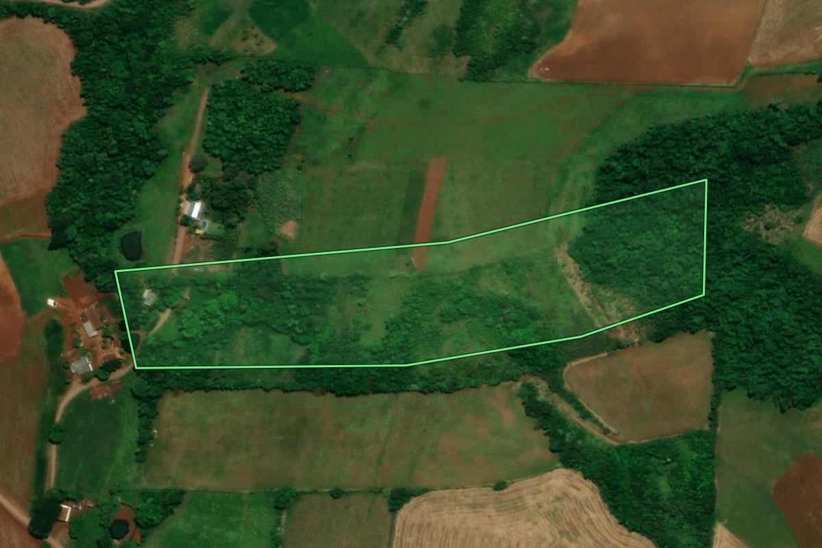 Imagem de satélite do imóvel rural em Capanema (PR), com o contorno declarado no CAR desenhado por cima.