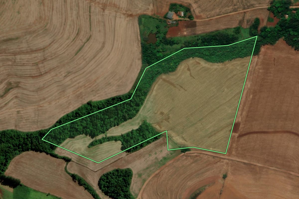 Imagem de satélite do imóvel rural em Capanema (PR), com o contorno declarado no CAR desenhado por cima.