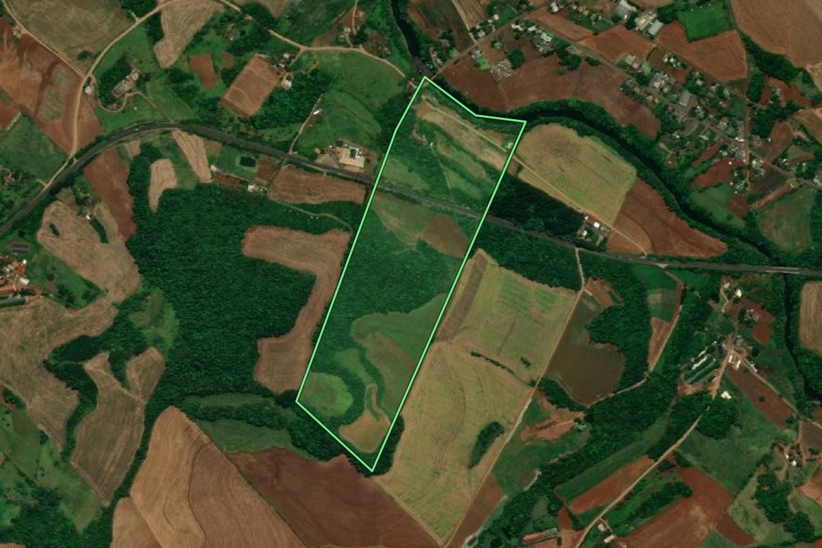 Imagem de satélite do imóvel rural em Capanema (PR), com o contorno declarado no CAR desenhado por cima.