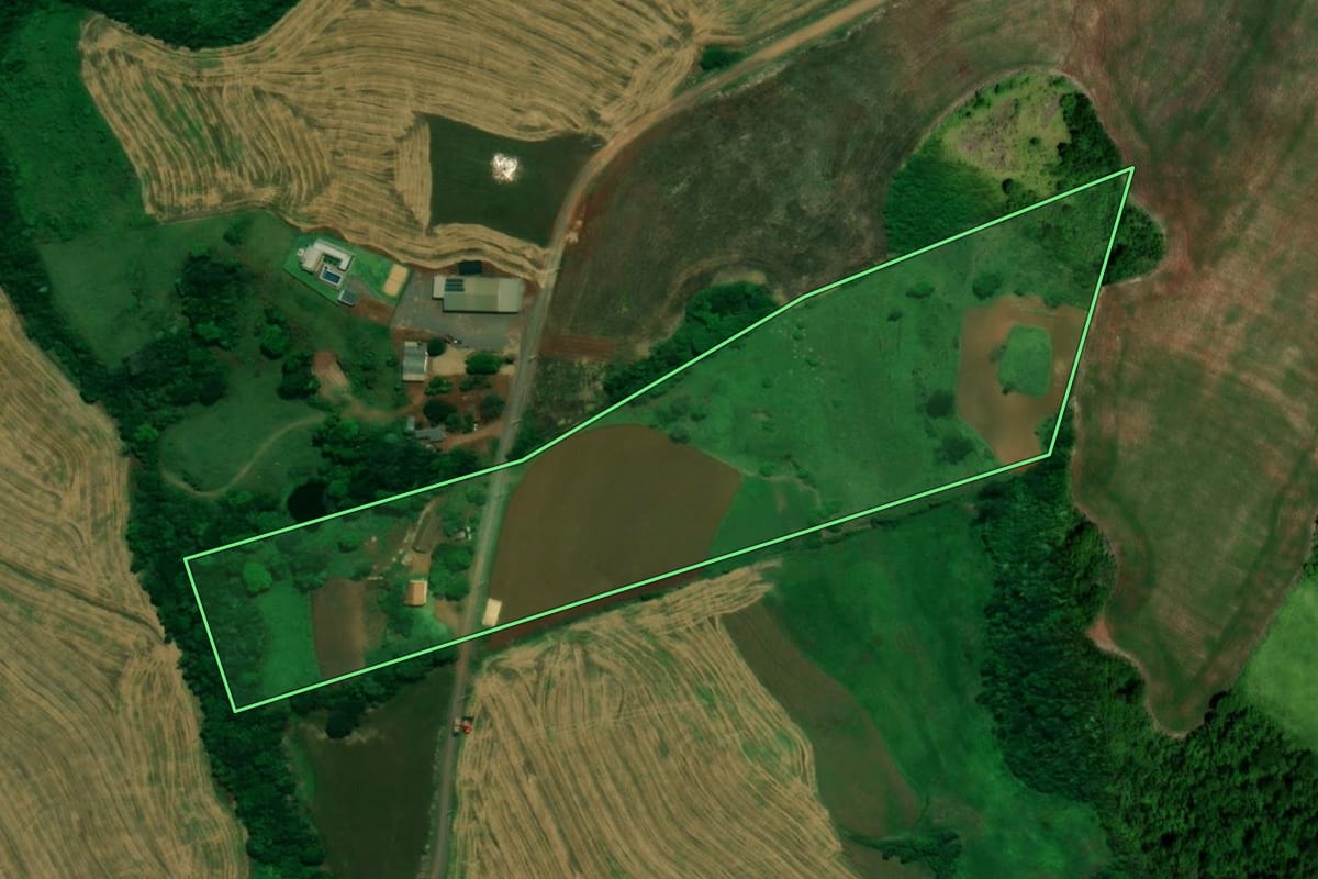 Imagem de satélite do imóvel rural em Capanema (PR), com o contorno declarado no CAR desenhado por cima.