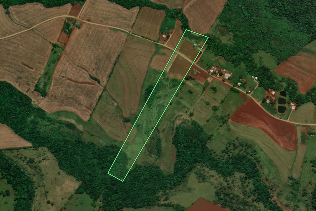Imagem de satélite do imóvel rural em Capanema (PR), com o contorno declarado no CAR desenhado por cima.
