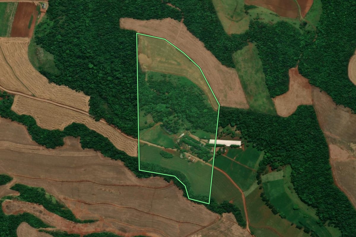 Imagem de satélite do imóvel rural em Capanema (PR), com o contorno declarado no CAR desenhado por cima.