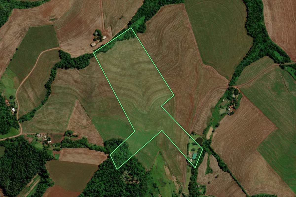 Imagem de satélite do imóvel rural em Capanema (PR), com o contorno declarado no CAR desenhado por cima.