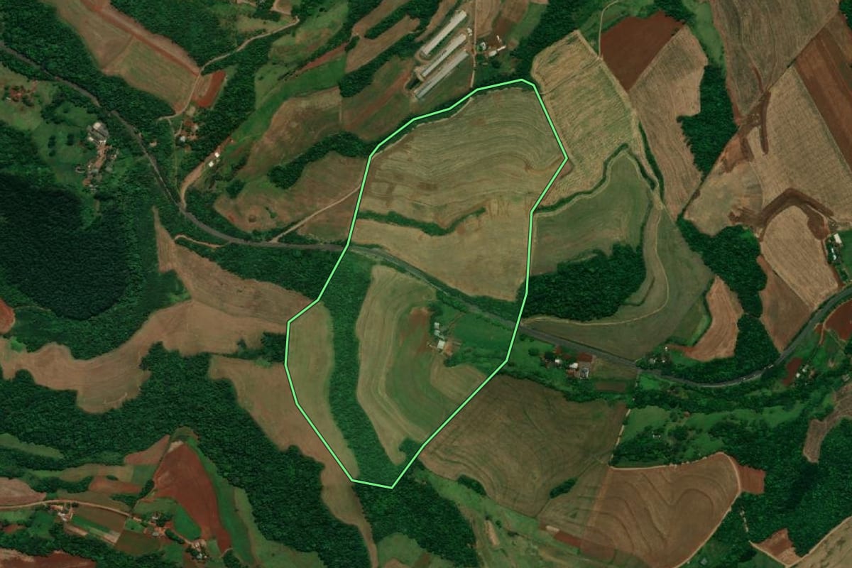 Imagem de satélite do imóvel rural em Capanema (PR), com o contorno declarado no CAR desenhado por cima.