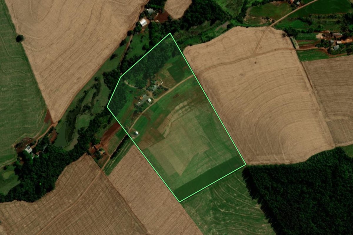Imagem de satélite do imóvel rural em Capanema (PR), com o contorno declarado no CAR desenhado por cima.