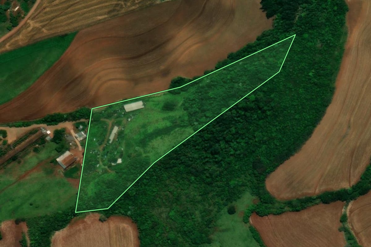 Imagem de satélite do imóvel rural em Capanema (PR), com o contorno declarado no CAR desenhado por cima.