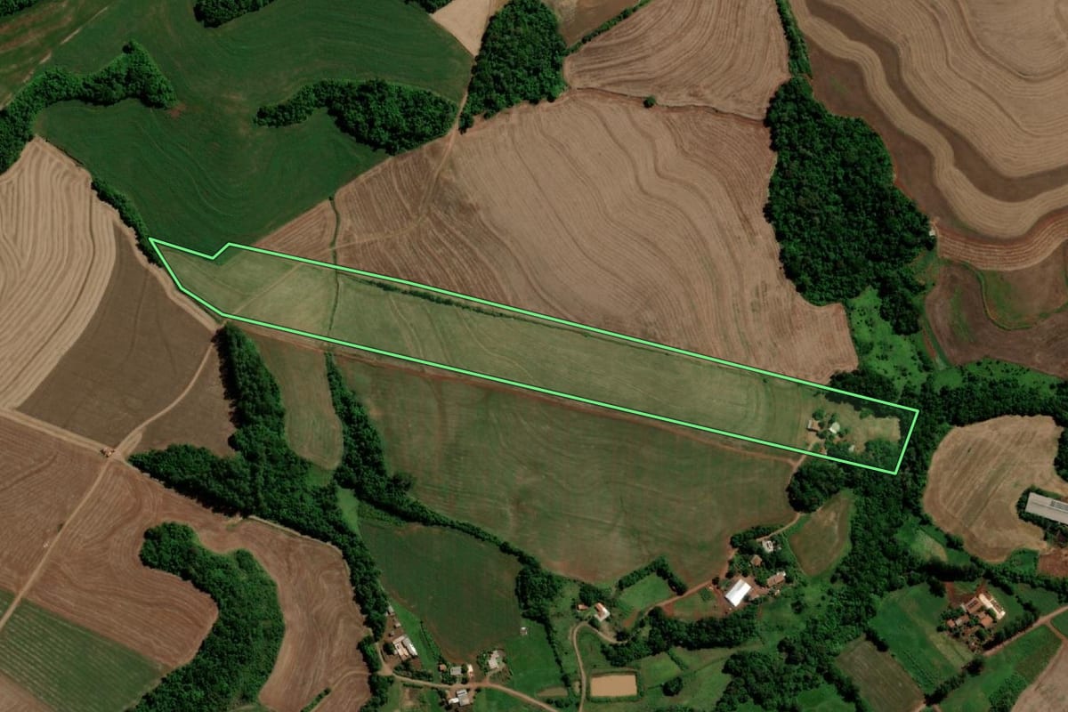 Imagem de satélite do imóvel rural em Capanema (PR), com o contorno declarado no CAR desenhado por cima.