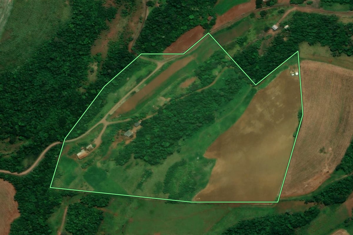 Imagem de satélite do imóvel rural em Capanema (PR), com o contorno declarado no CAR desenhado por cima.