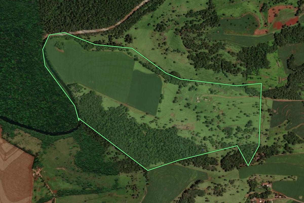 Imagem de satélite do imóvel rural em Capitão Leônidas Marques (PR), com o contorno declarado no CAR desenhado por cima.