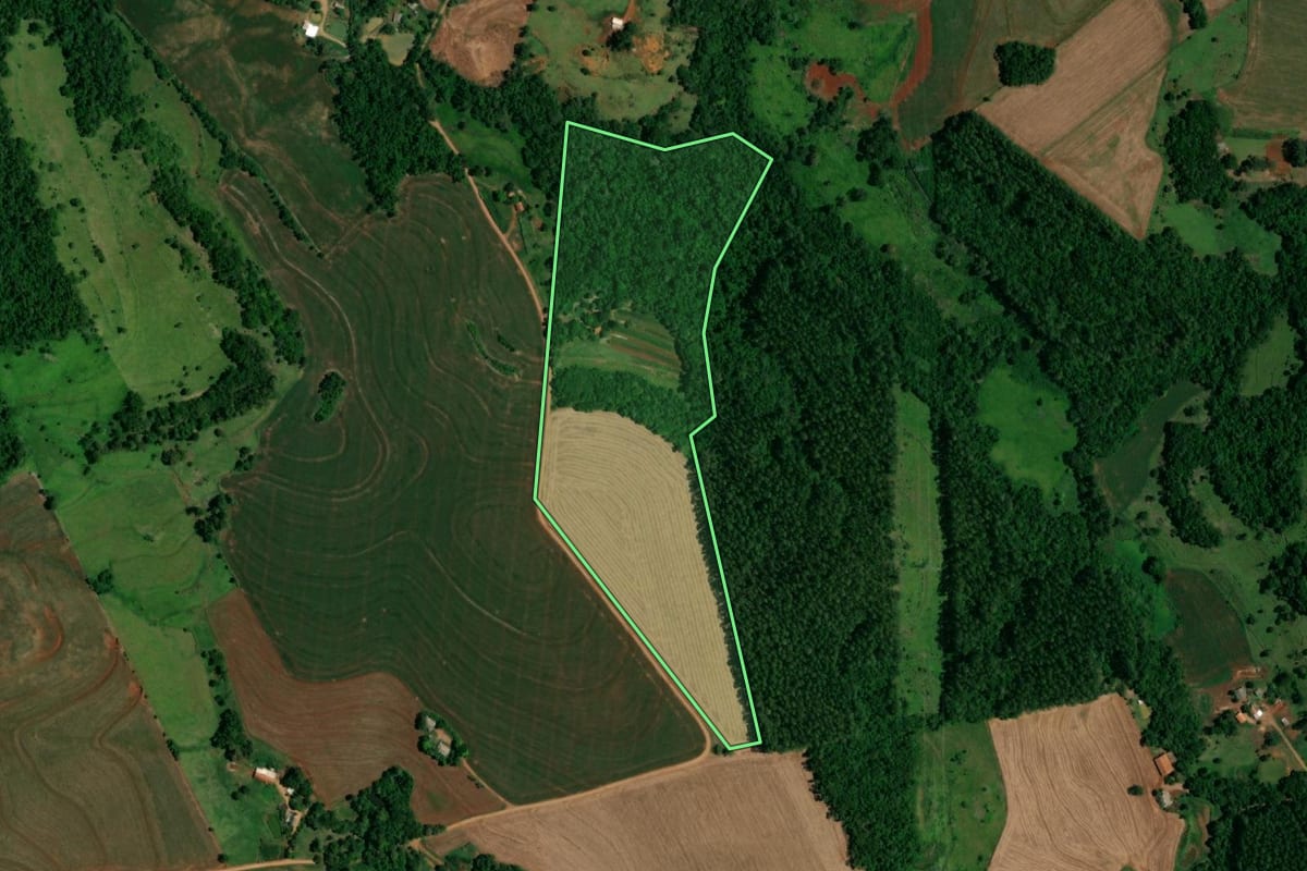 Imagem de satélite do imóvel rural em Capitão Leônidas Marques (PR), com o contorno declarado no CAR desenhado por cima.