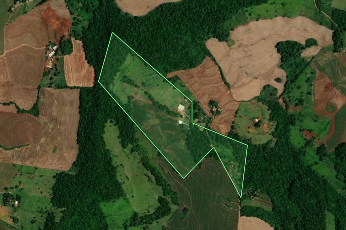 Imagem de satélite do imóvel rural em Santa Lúcia (PR), com o contorno declarado no CAR desenhado por cima.