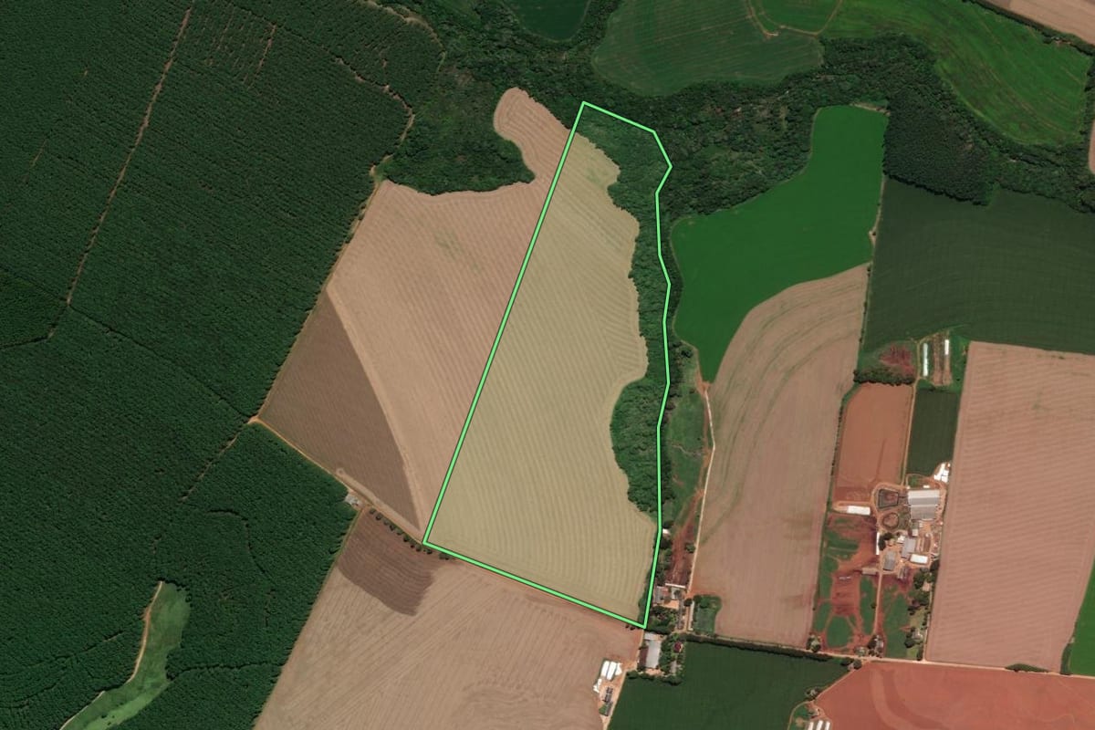 Imagem de satélite do imóvel rural em Carambeí (PR), com o contorno declarado no CAR desenhado por cima.