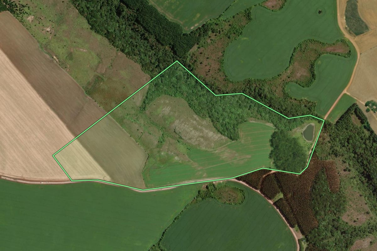 Imagem de satélite do imóvel rural em Carambeí (PR), com o contorno declarado no CAR desenhado por cima.