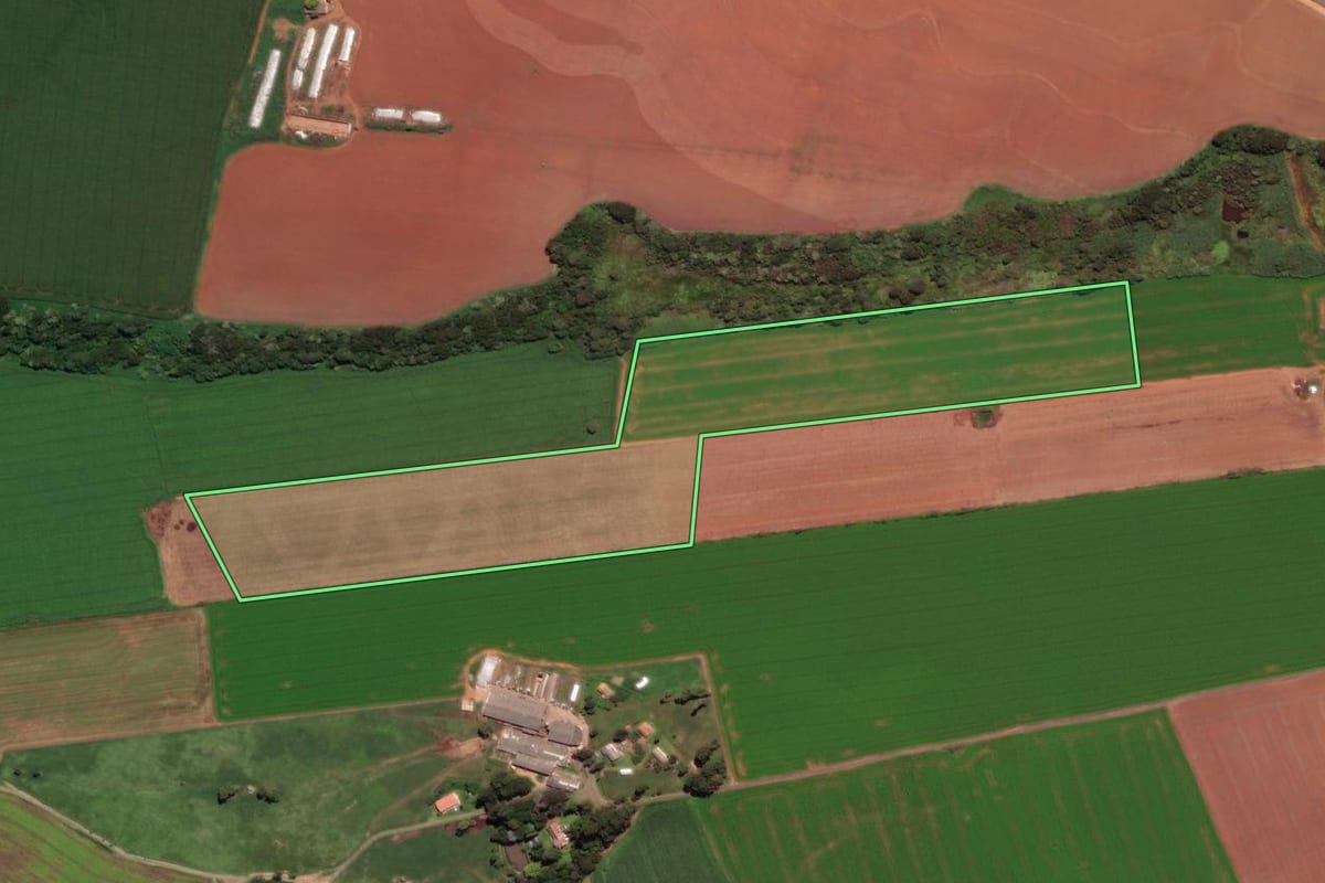 Imagem de satélite do imóvel rural em Carambeí (PR), com o contorno declarado no CAR desenhado por cima.