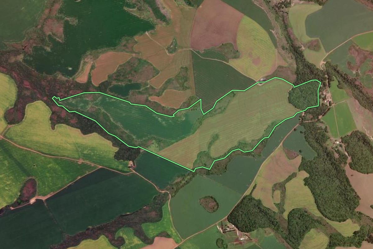 Imagem de satélite do imóvel rural em Carambeí (PR), com o contorno declarado no CAR desenhado por cima.