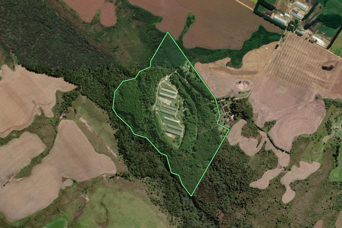 Imagem de satélite do imóvel rural em Carambeí (PR), com o contorno declarado no CAR desenhado por cima.