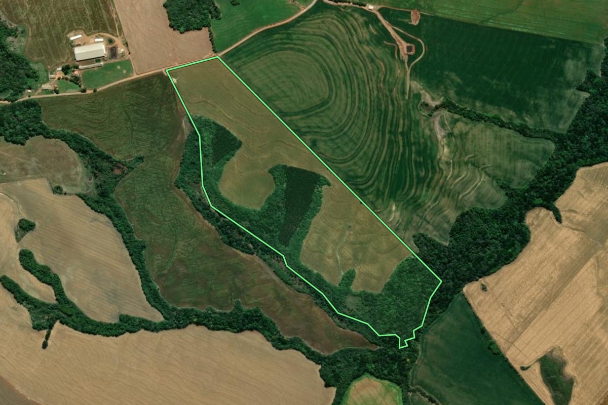 Imagem de satélite do imóvel rural em Carambeí (PR), com o contorno declarado no CAR desenhado por cima.