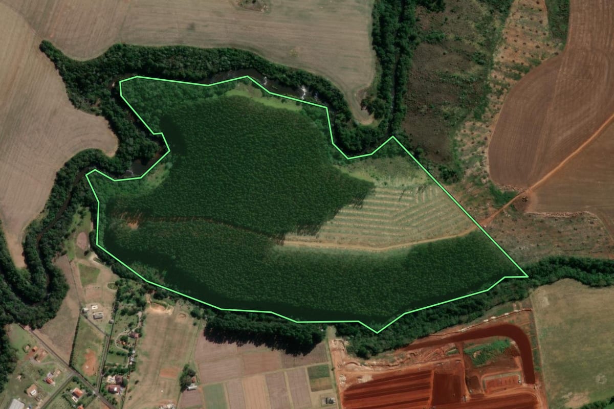 Imagem de satélite do imóvel rural em Carambeí (PR), com o contorno declarado no CAR desenhado por cima.