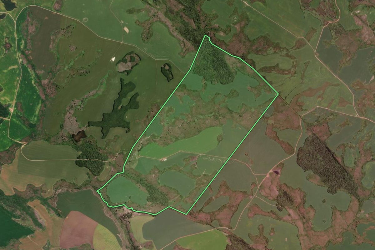 Imagem de satélite do imóvel rural em Carambeí (PR), com o contorno declarado no CAR desenhado por cima.