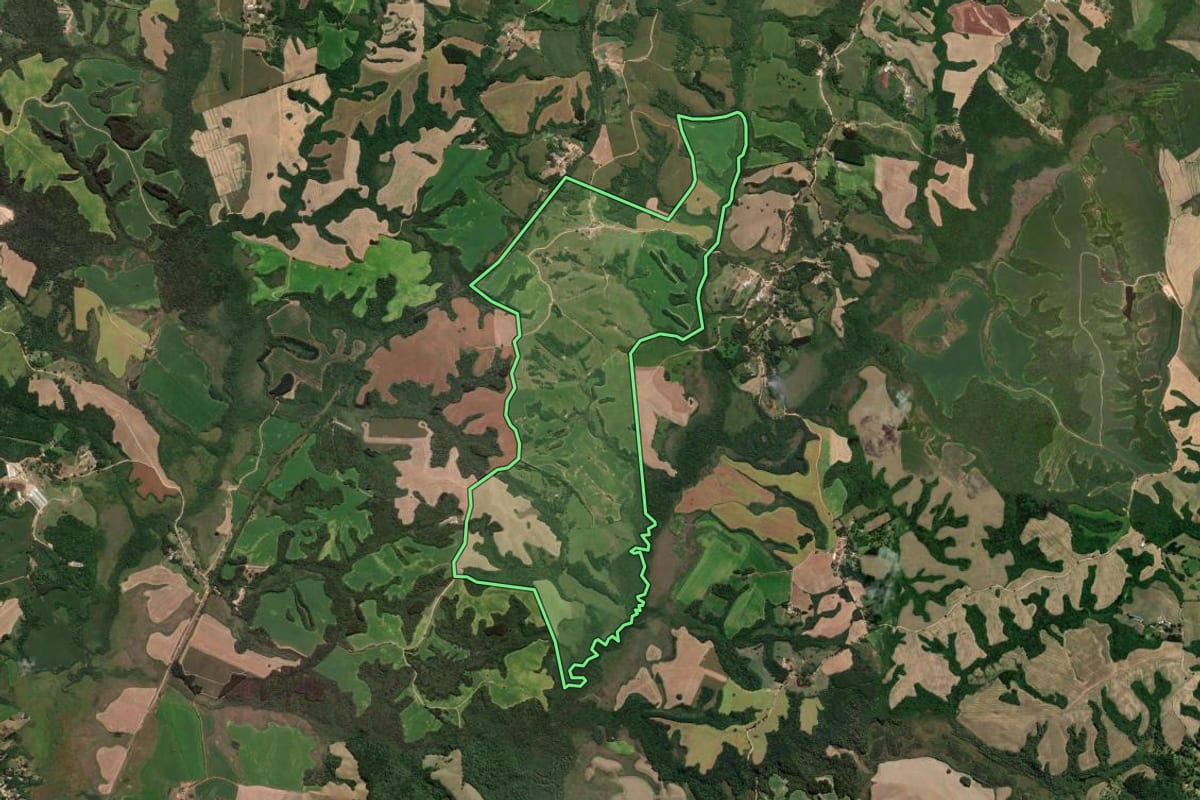 Imagem de satélite do imóvel rural em Carambeí (PR), com o contorno declarado no CAR desenhado por cima.
