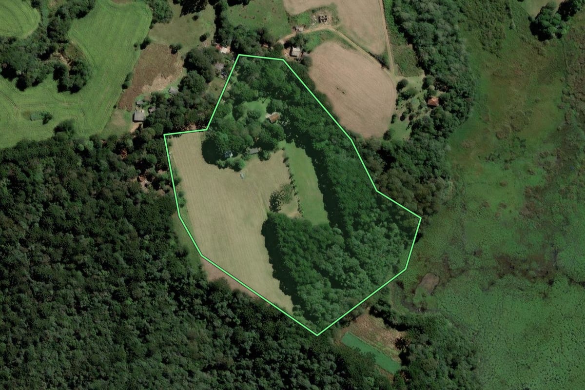 Imagem de satélite do imóvel rural em Carambeí (PR), com o contorno declarado no CAR desenhado por cima.