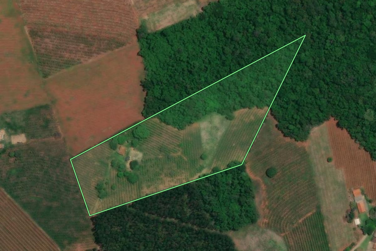 Imagem de satélite do imóvel rural em Carlópolis (PR), com o contorno declarado no CAR desenhado por cima.