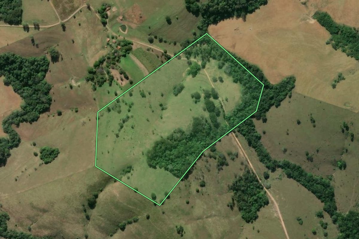 Imagem de satélite do imóvel rural em Carlópolis (PR), com o contorno declarado no CAR desenhado por cima.