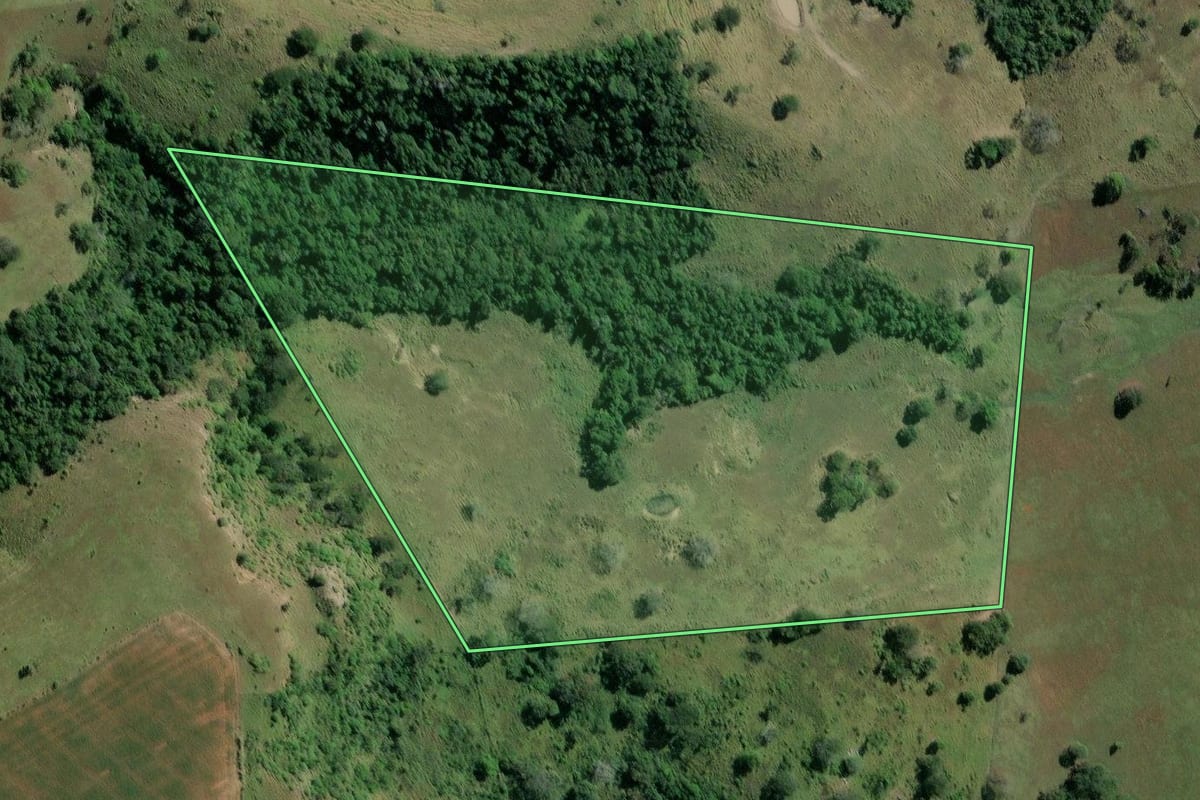 Imagem de satélite do imóvel rural em Carlópolis (PR), com o contorno declarado no CAR desenhado por cima.