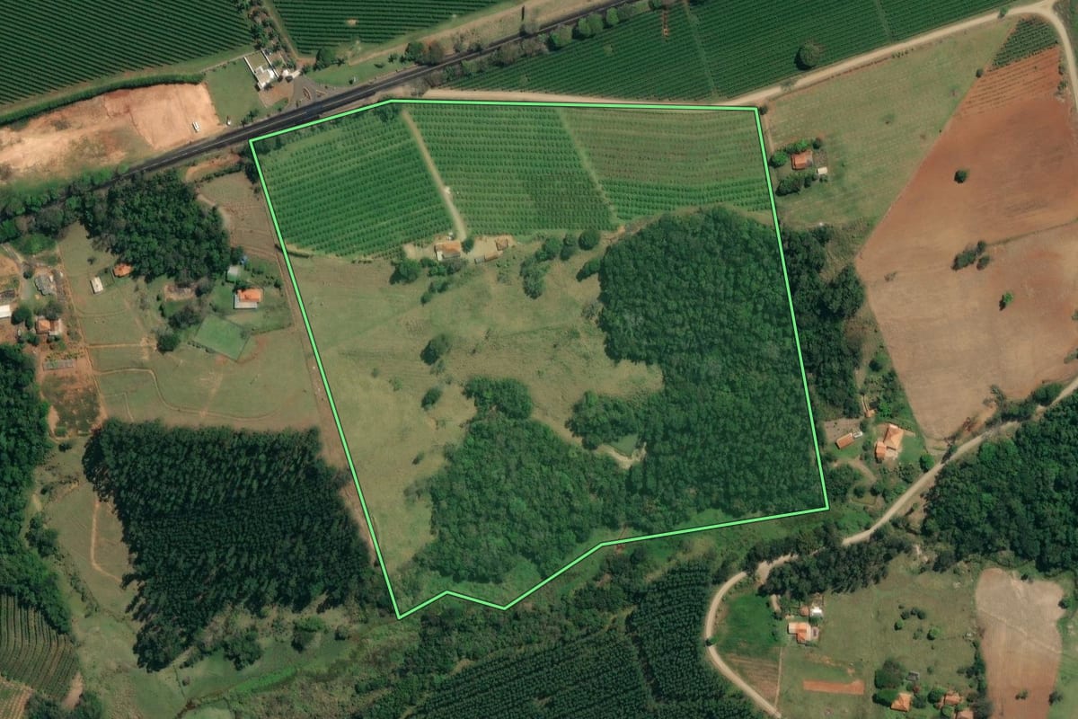 Imagem de satélite do imóvel rural em Carlópolis (PR), com o contorno declarado no CAR desenhado por cima.