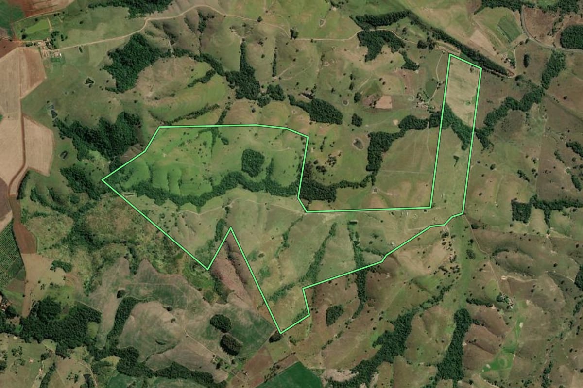 Imagem de satélite do imóvel rural em Carlópolis (PR), com o contorno declarado no CAR desenhado por cima.