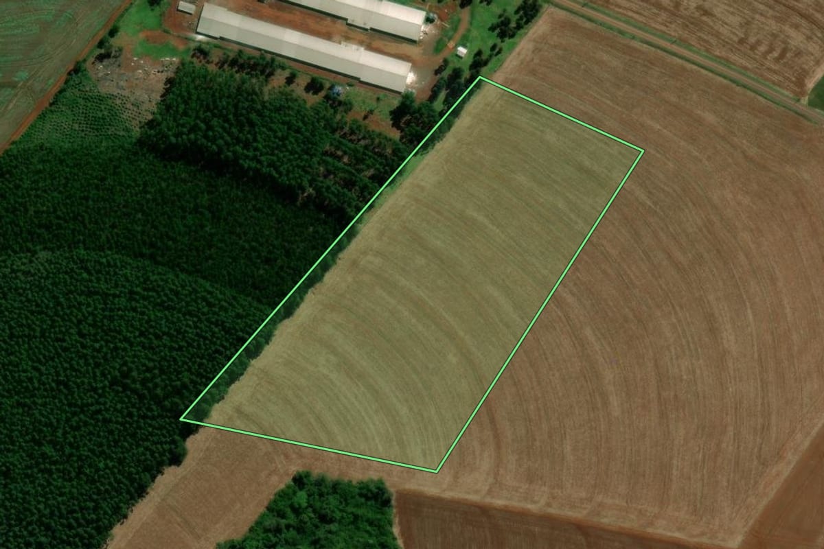 Imagem de satélite do imóvel rural em Cascavel (PR), com o contorno declarado no CAR desenhado por cima.