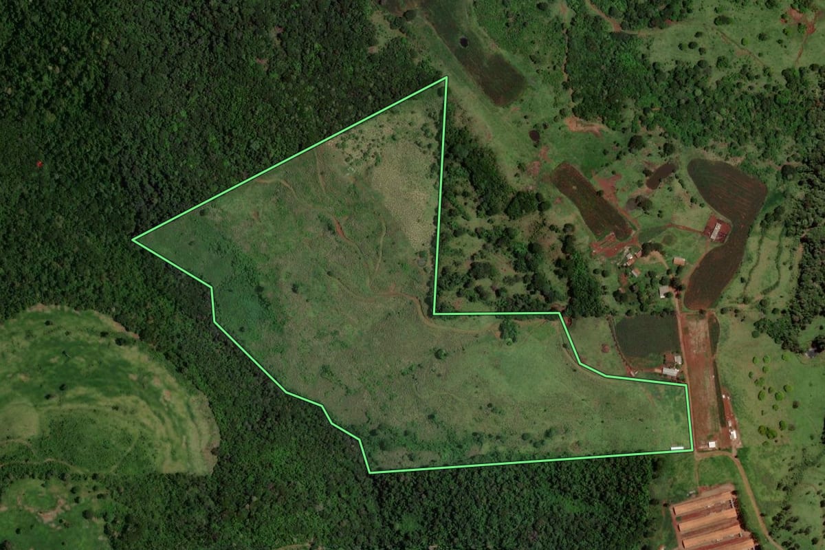 Imagem de satélite do imóvel rural em Cascavel (PR), com o contorno declarado no CAR desenhado por cima.
