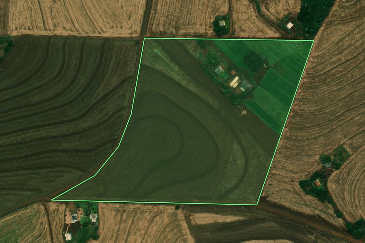 Imagem de satélite do imóvel rural em Cascavel (PR), com o contorno declarado no CAR desenhado por cima.