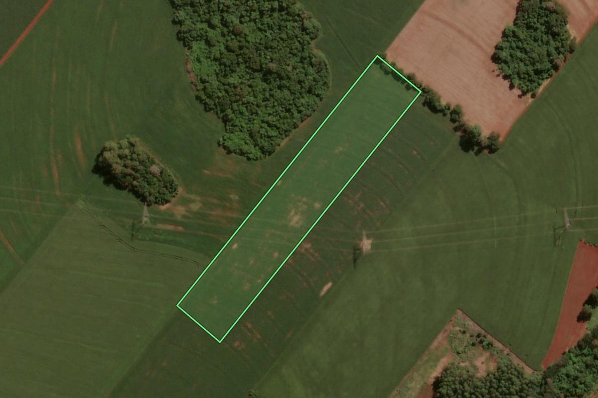 Imagem de satélite do imóvel rural em Cascavel (PR), com o contorno declarado no CAR desenhado por cima.