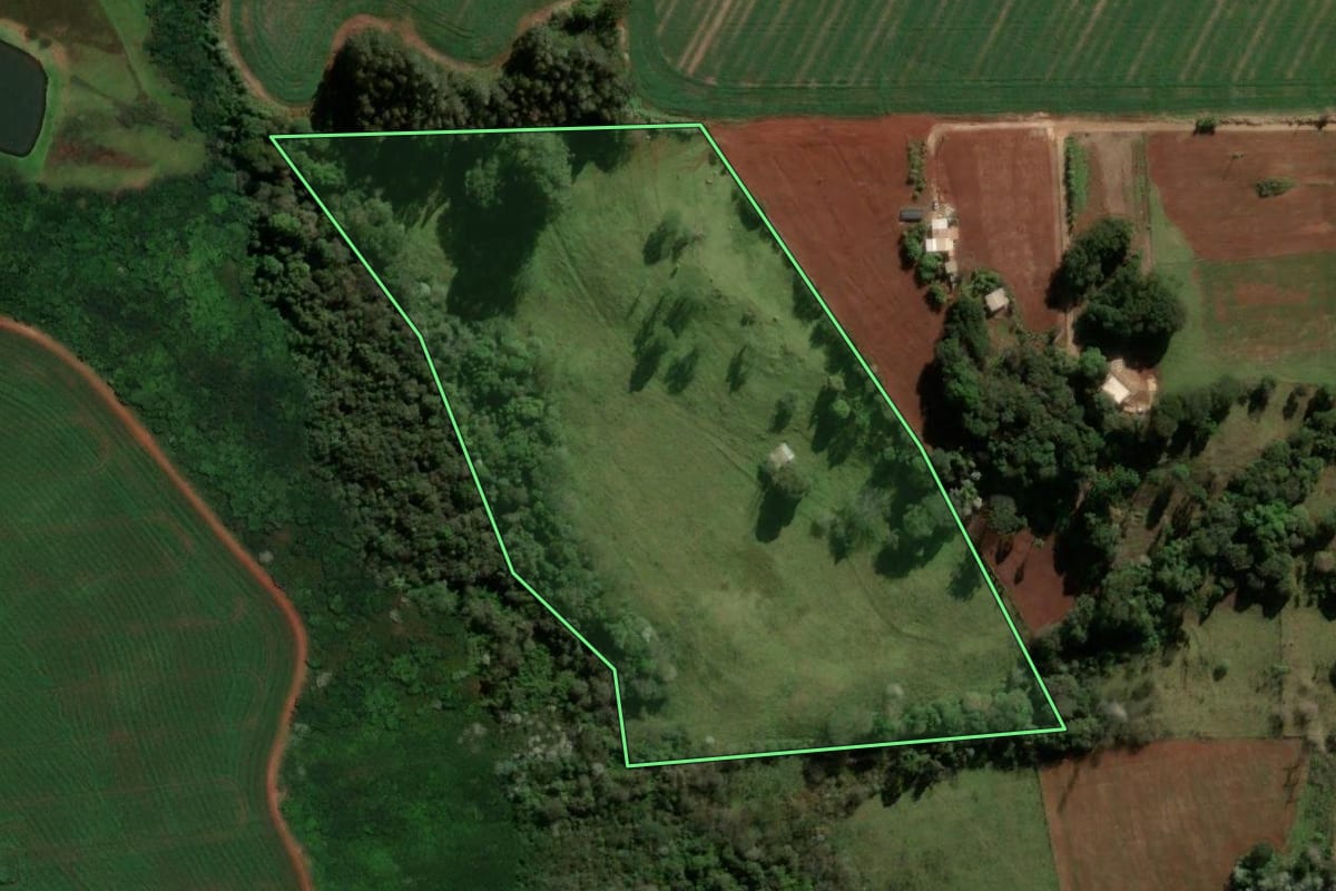 Imagem de satélite do imóvel rural em Cascavel (PR), com o contorno declarado no CAR desenhado por cima.