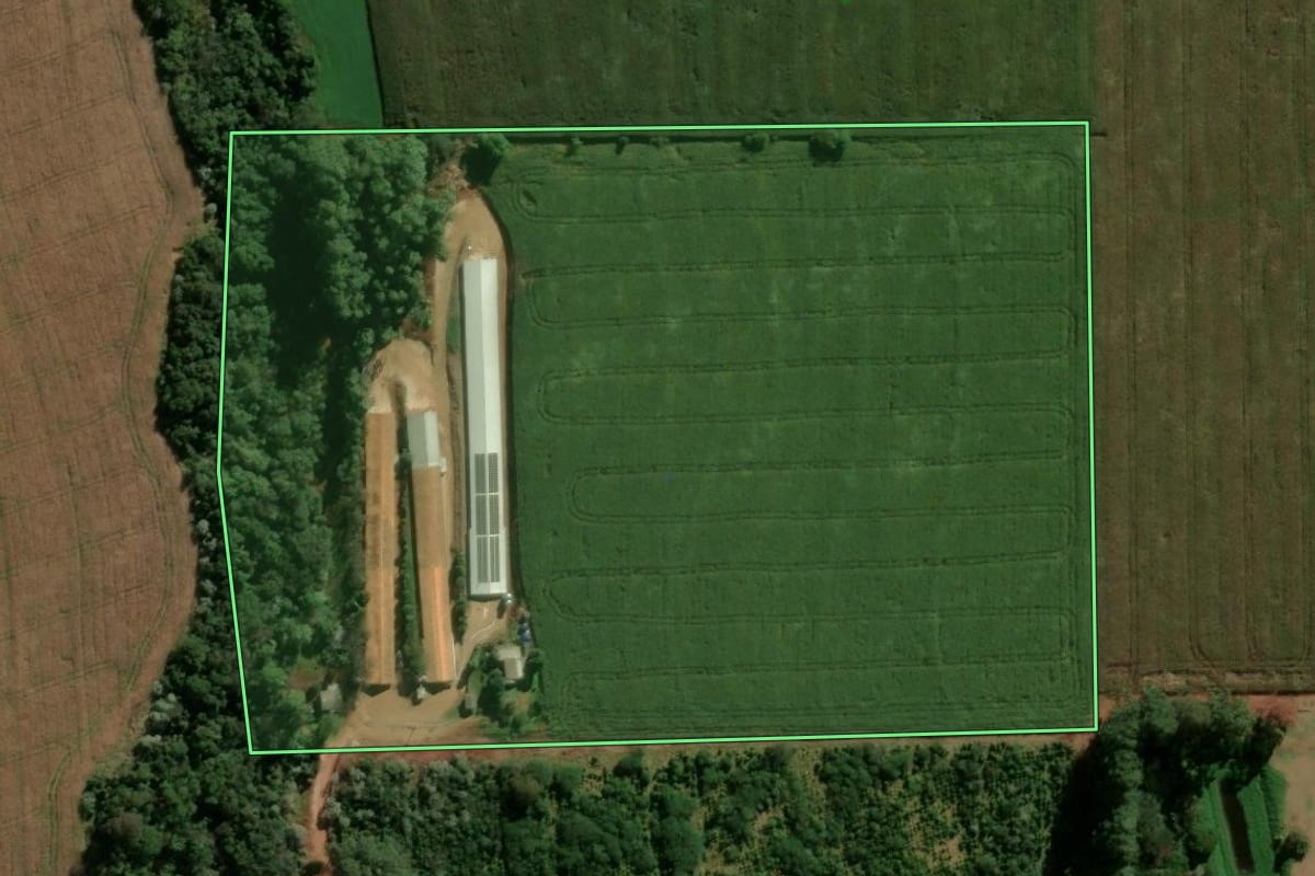 Imagem de satélite do imóvel rural em Cascavel (PR), com o contorno declarado no CAR desenhado por cima.