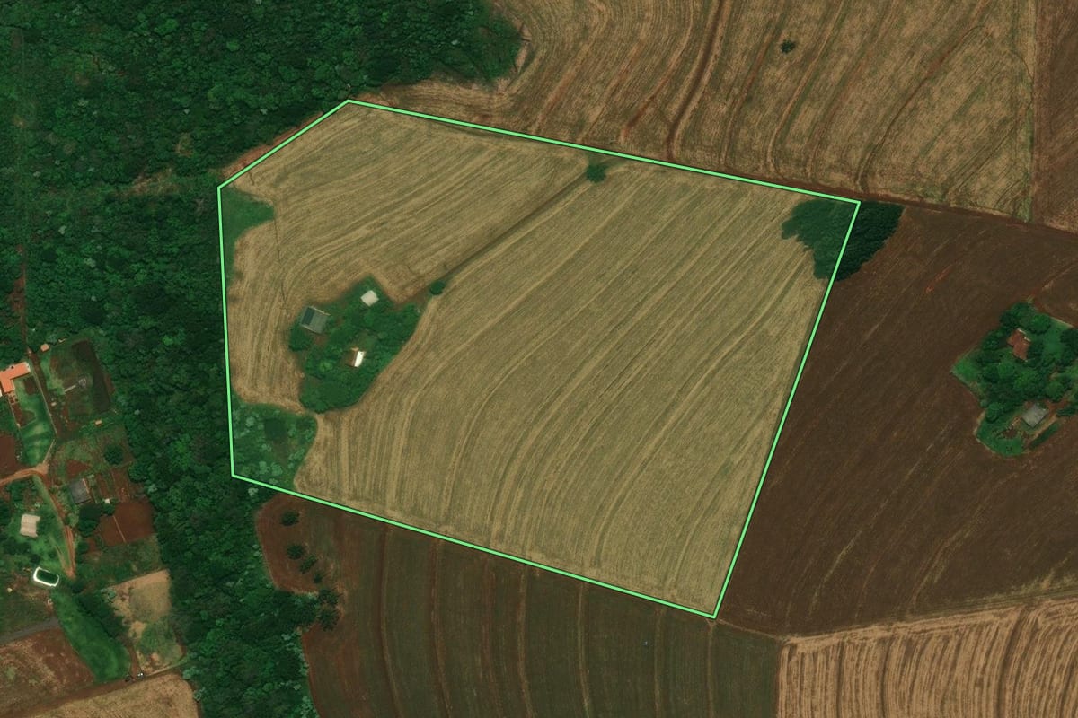 Imagem de satélite do imóvel rural em Cascavel (PR), com o contorno declarado no CAR desenhado por cima.