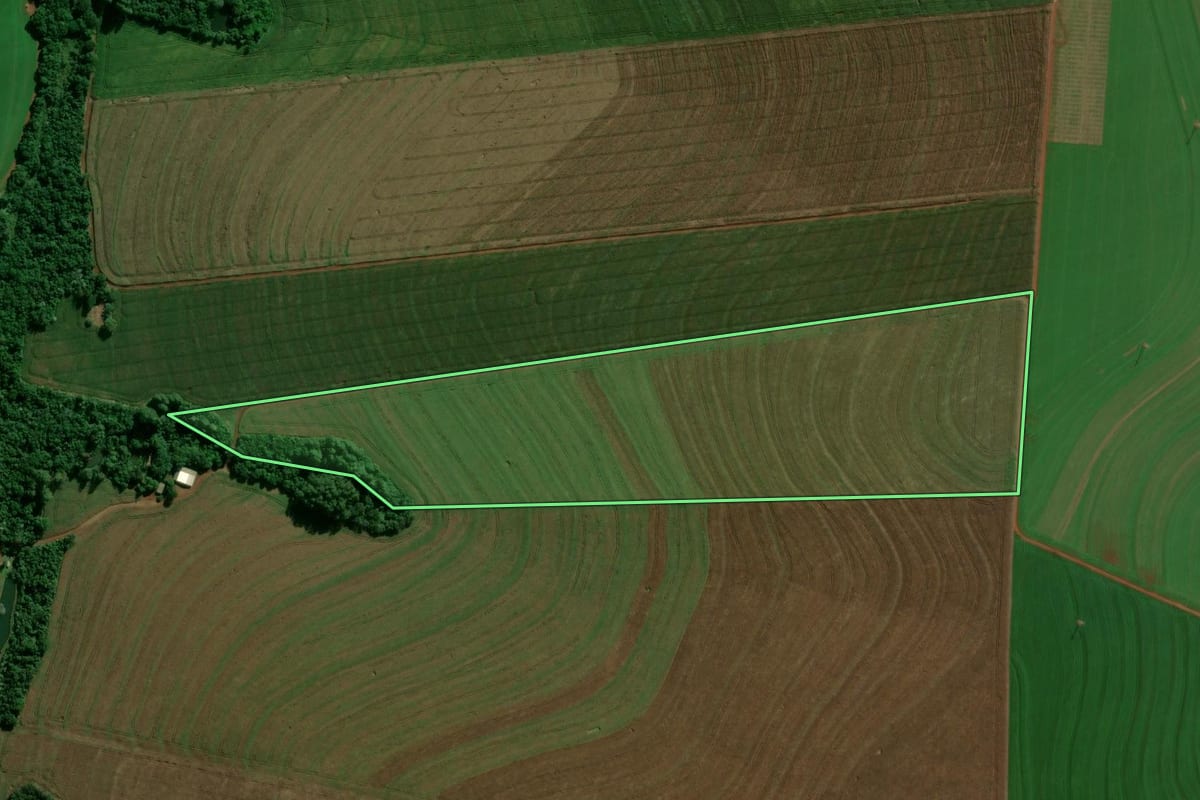 Imagem de satélite do imóvel rural em Cascavel (PR), com o contorno declarado no CAR desenhado por cima.