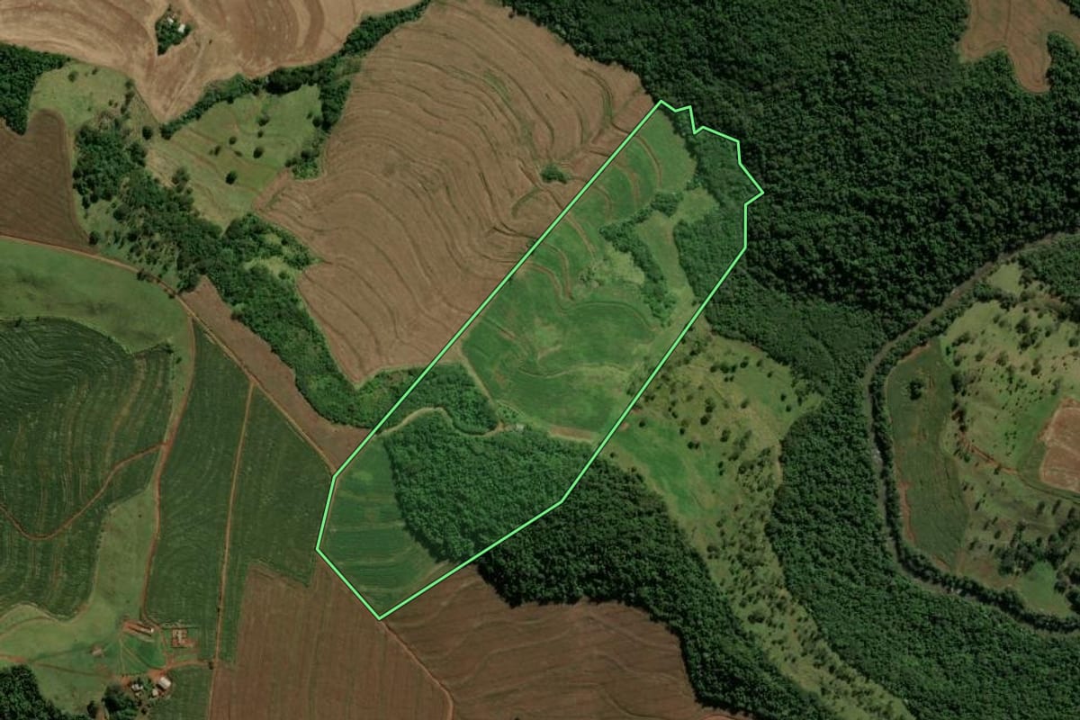 Imagem de satélite do imóvel rural em Cascavel (PR), com o contorno declarado no CAR desenhado por cima.