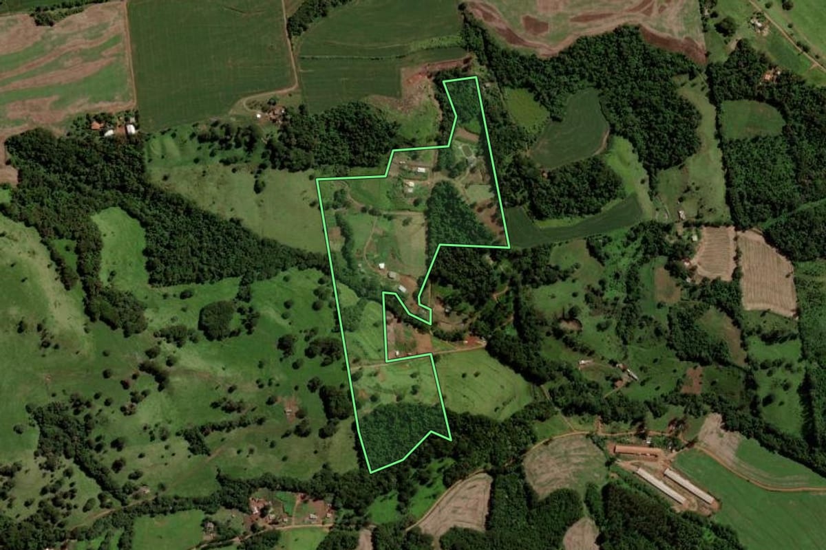 Imagem de satélite do imóvel rural em Cascavel (PR), com o contorno declarado no CAR desenhado por cima.