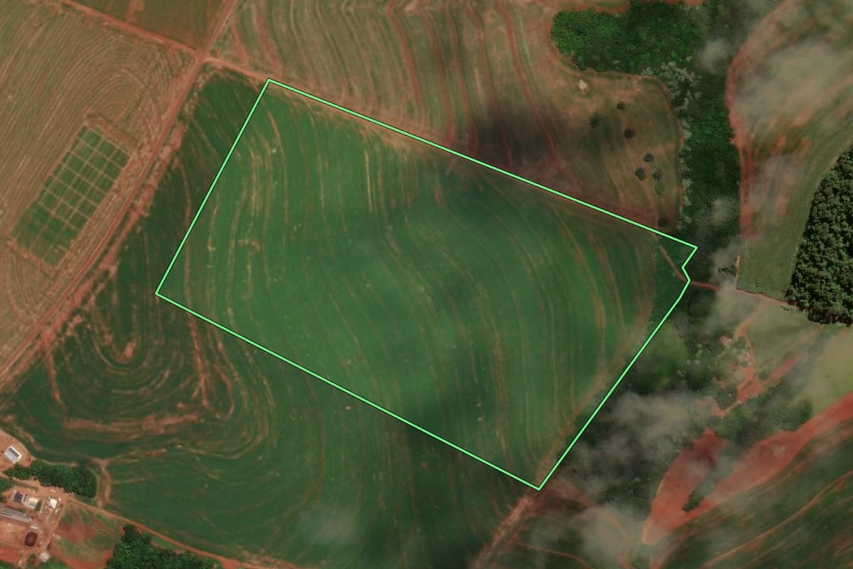 Imagem de satélite do imóvel rural em Cascavel (PR), com o contorno declarado no CAR desenhado por cima.
