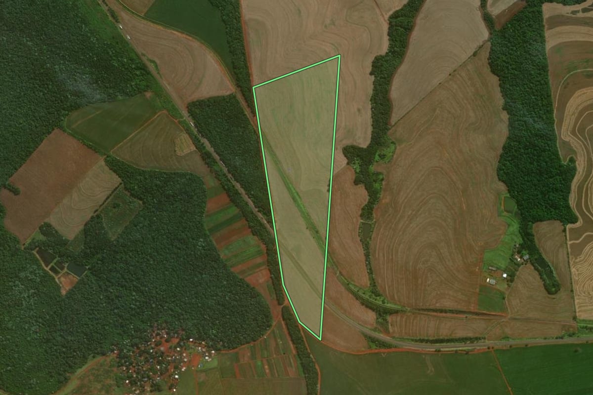 Imagem de satélite do imóvel rural em Cascavel (PR), com o contorno declarado no CAR desenhado por cima.