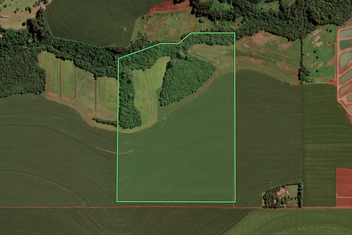 Imagem de satélite do imóvel rural em Cascavel (PR), com o contorno declarado no CAR desenhado por cima.