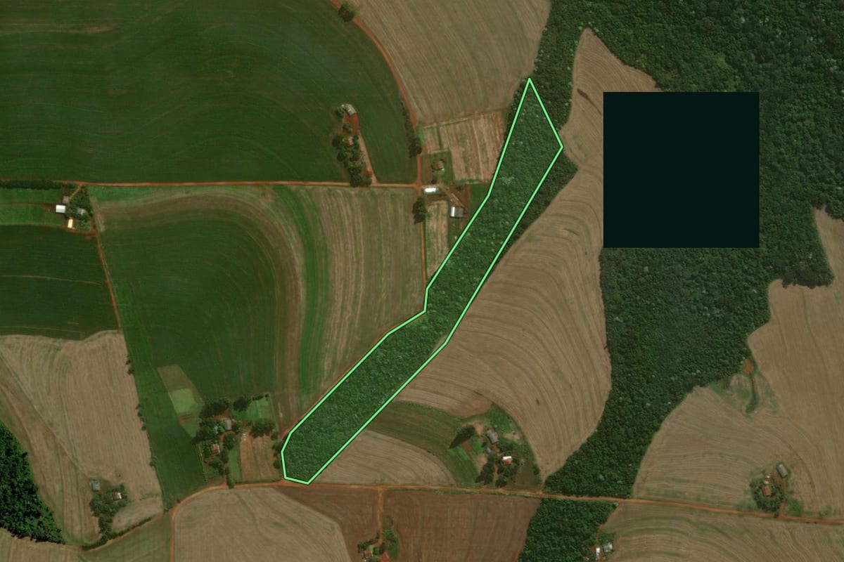 Imagem de satélite do imóvel rural em Cascavel (PR), com o contorno declarado no CAR desenhado por cima.