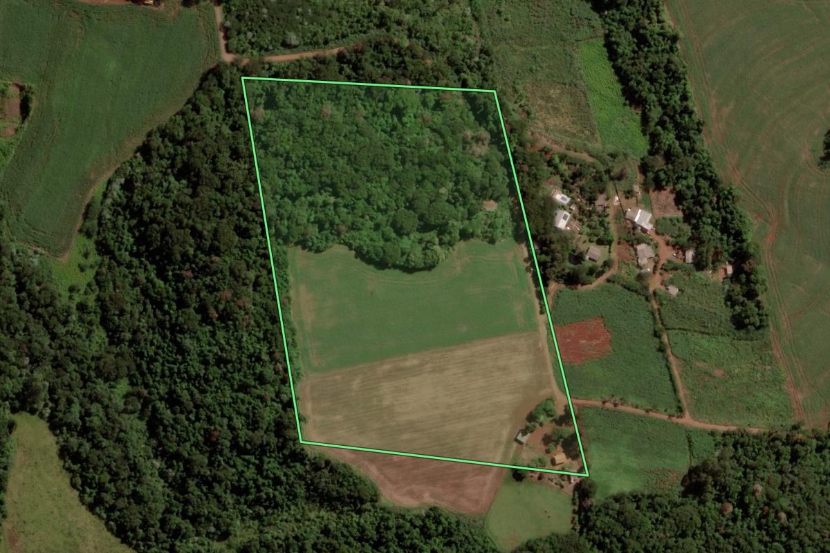Imagem de satélite do imóvel rural em Cascavel (PR), com o contorno declarado no CAR desenhado por cima.