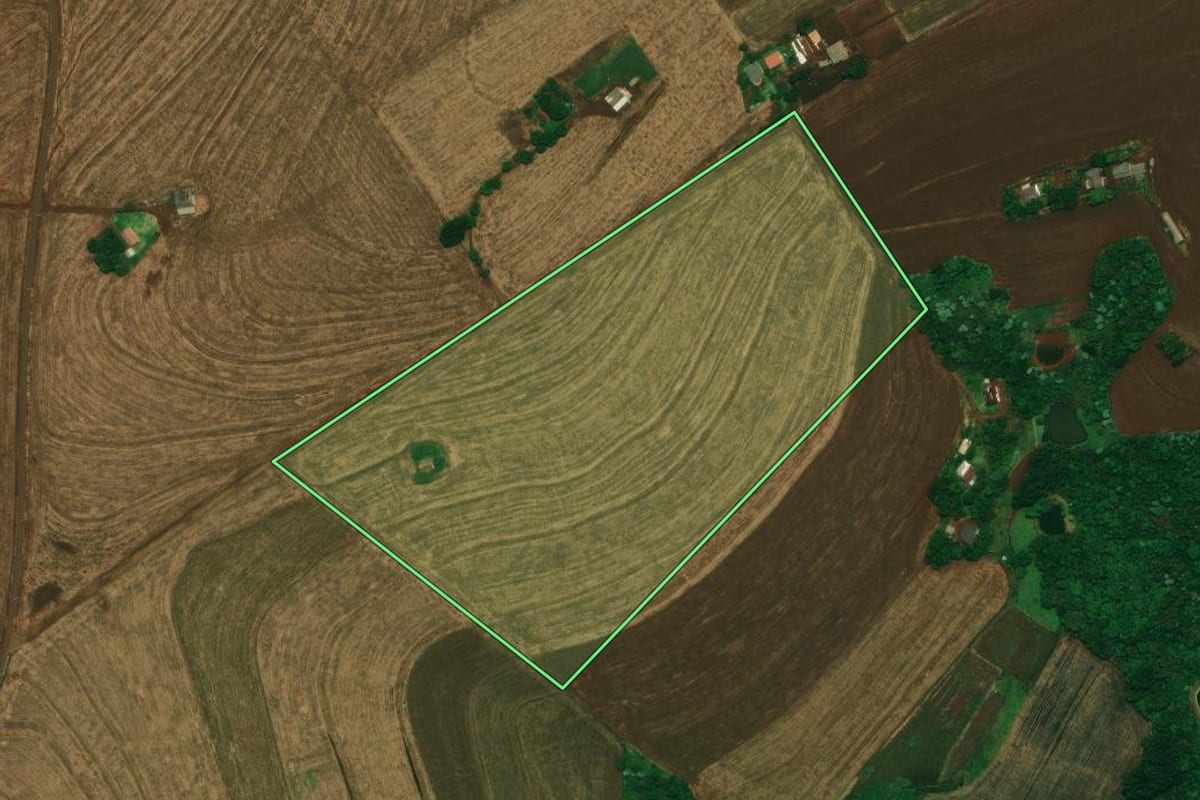 Imagem de satélite do imóvel rural em Cascavel (PR), com o contorno declarado no CAR desenhado por cima.