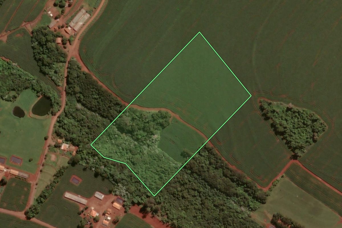 Imagem de satélite do imóvel rural em Cascavel (PR), com o contorno declarado no CAR desenhado por cima.